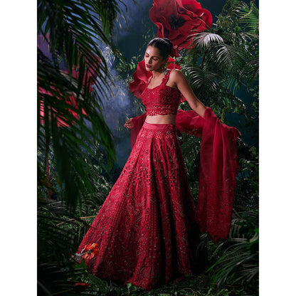 CHANDRIMA Red Chanderi Embroidered Bead Work Skirt