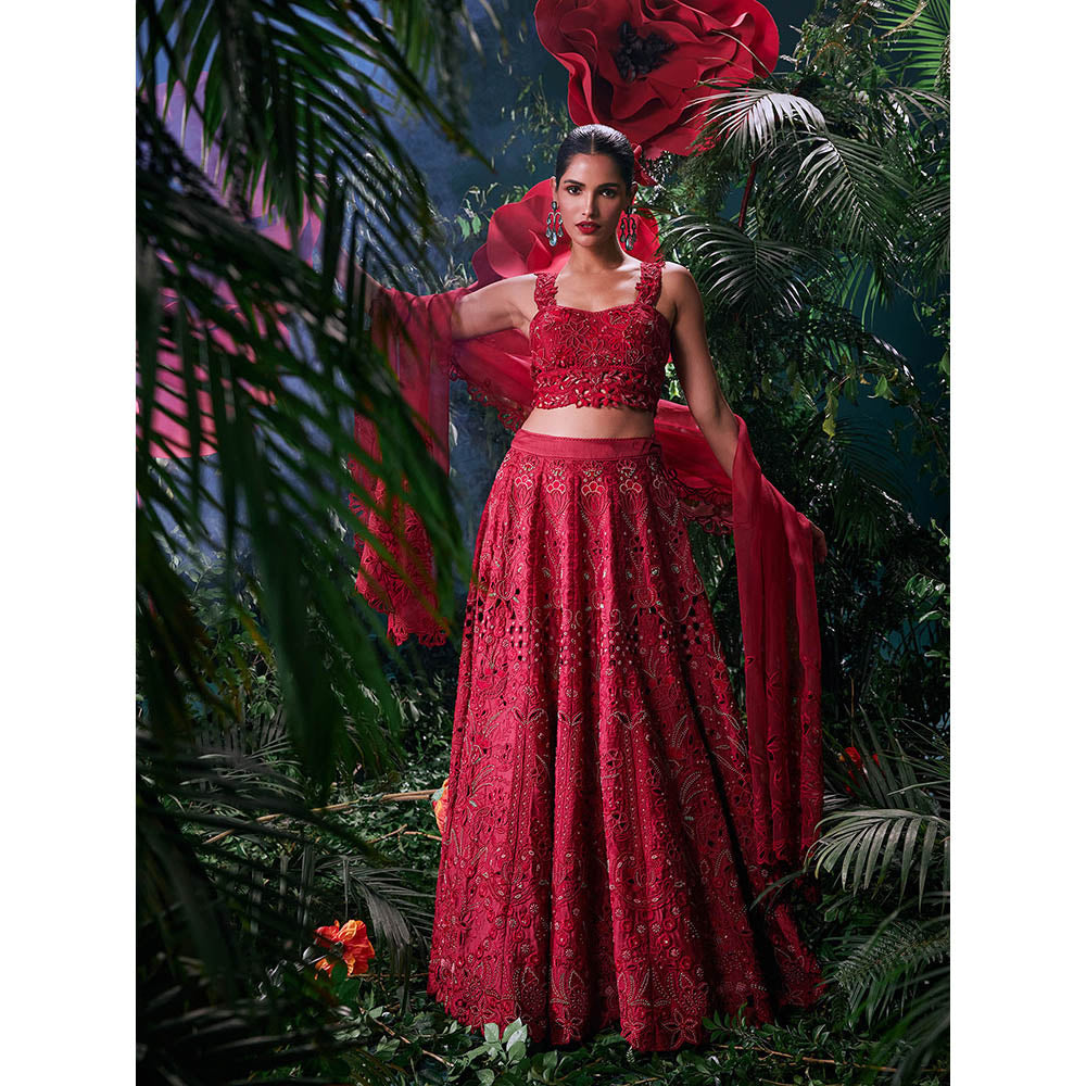 CHANDRIMA Red Chanderi Embroidered Bead Work Skirt