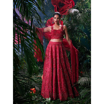 CHANDRIMA Red Chanderi Embroidered Bead Work Skirt