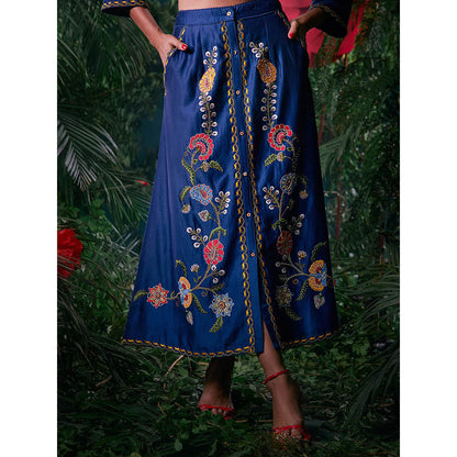 CHANDRIMA Navy Blue Chanderi Floral Bead Work Skirt