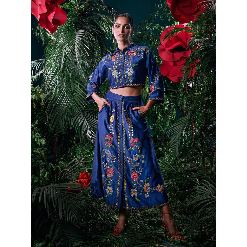 CHANDRIMA Navy Blue Chanderi Floral Bead Work Skirt