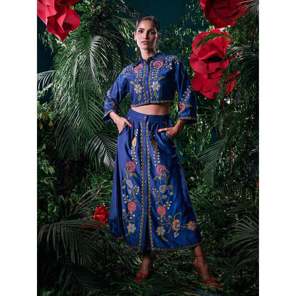 CHANDRIMA Navy Blue Chanderi Floral Bead Work Skirt