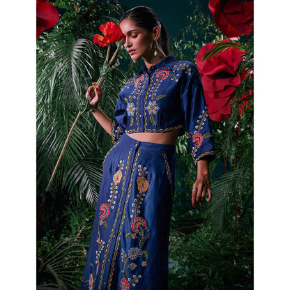 CHANDRIMA Navy Blue Chanderi Floral Bead Work Skirt