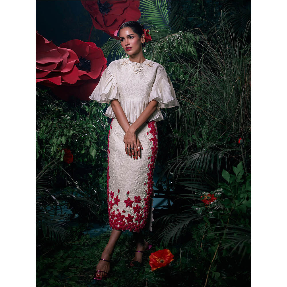 CHANDRIMA Ivory Chanderi Floral Bead Work Skirt