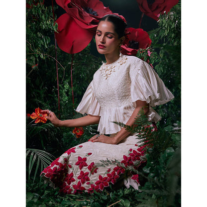 CHANDRIMA Ivory Chanderi Floral Bead Work Skirt