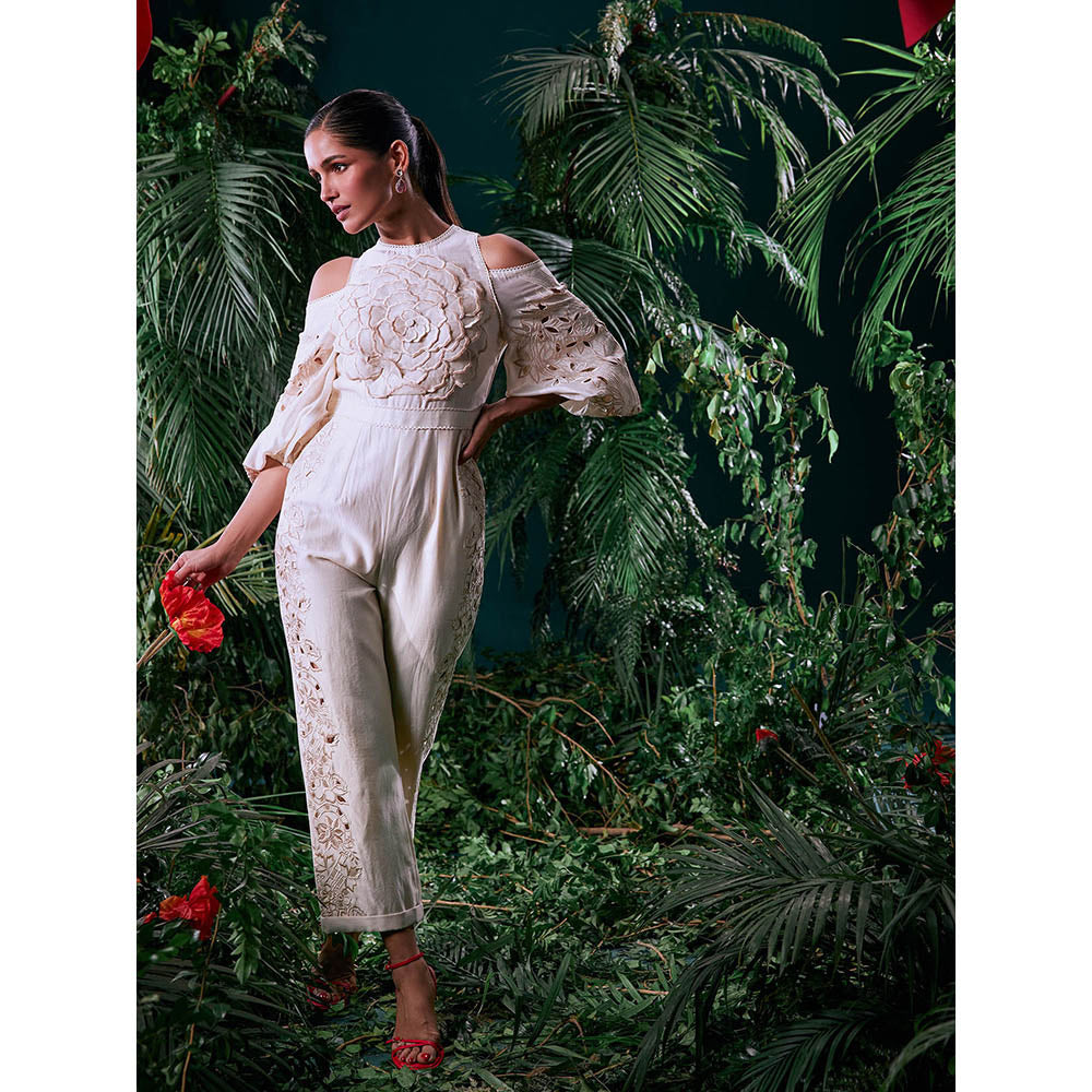 CHANDRIMA Ivory Chanderi Floral Balloon Sleeve Crew Neck Thread Work Jumpsuit