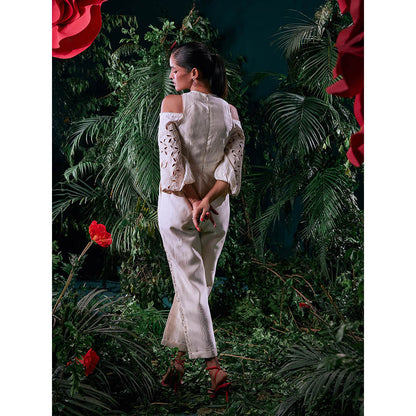 CHANDRIMA Ivory Chanderi Floral Balloon Sleeve Crew Neck Thread Work Jumpsuit