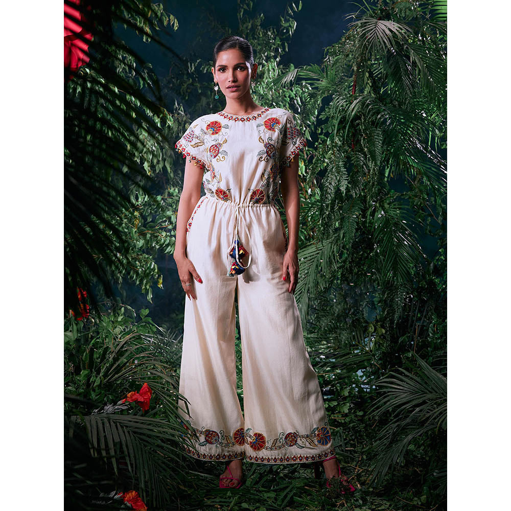 CHANDRIMA Ivory Chanderi Floral Half Sleeves Round Neck Bead Work Jumpsuit