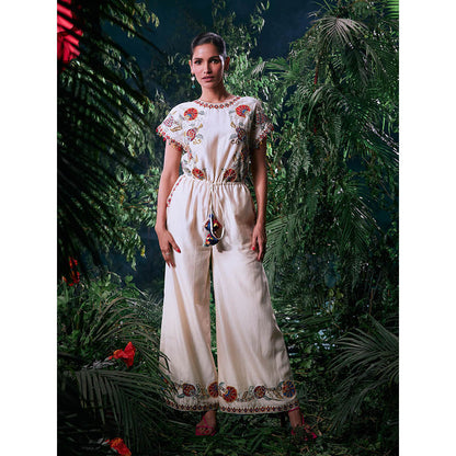 CHANDRIMA Ivory Chanderi Floral Half Sleeves Round Neck Bead Work Jumpsuit