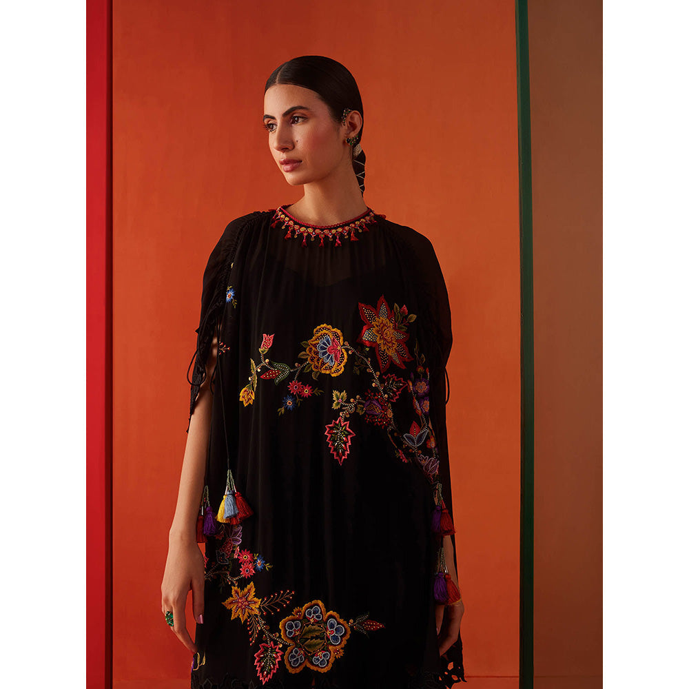CHANDRIMA Black Georgette Floral Flared Sleeves Round Neck Bead Work Kaftan
