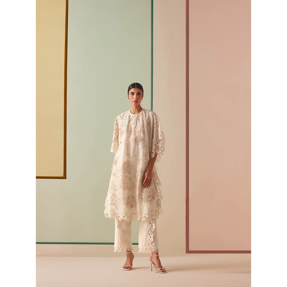 CHANDRIMA Ivory Organza Floral Flared Sleeves Round Neck Bead Work Kaftan