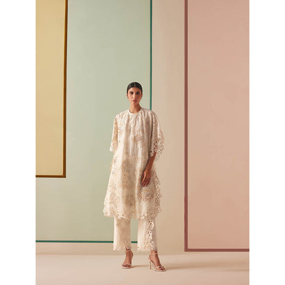 CHANDRIMA Ivory Organza Floral Flared Sleeves Round Neck Bead Work Kaftan