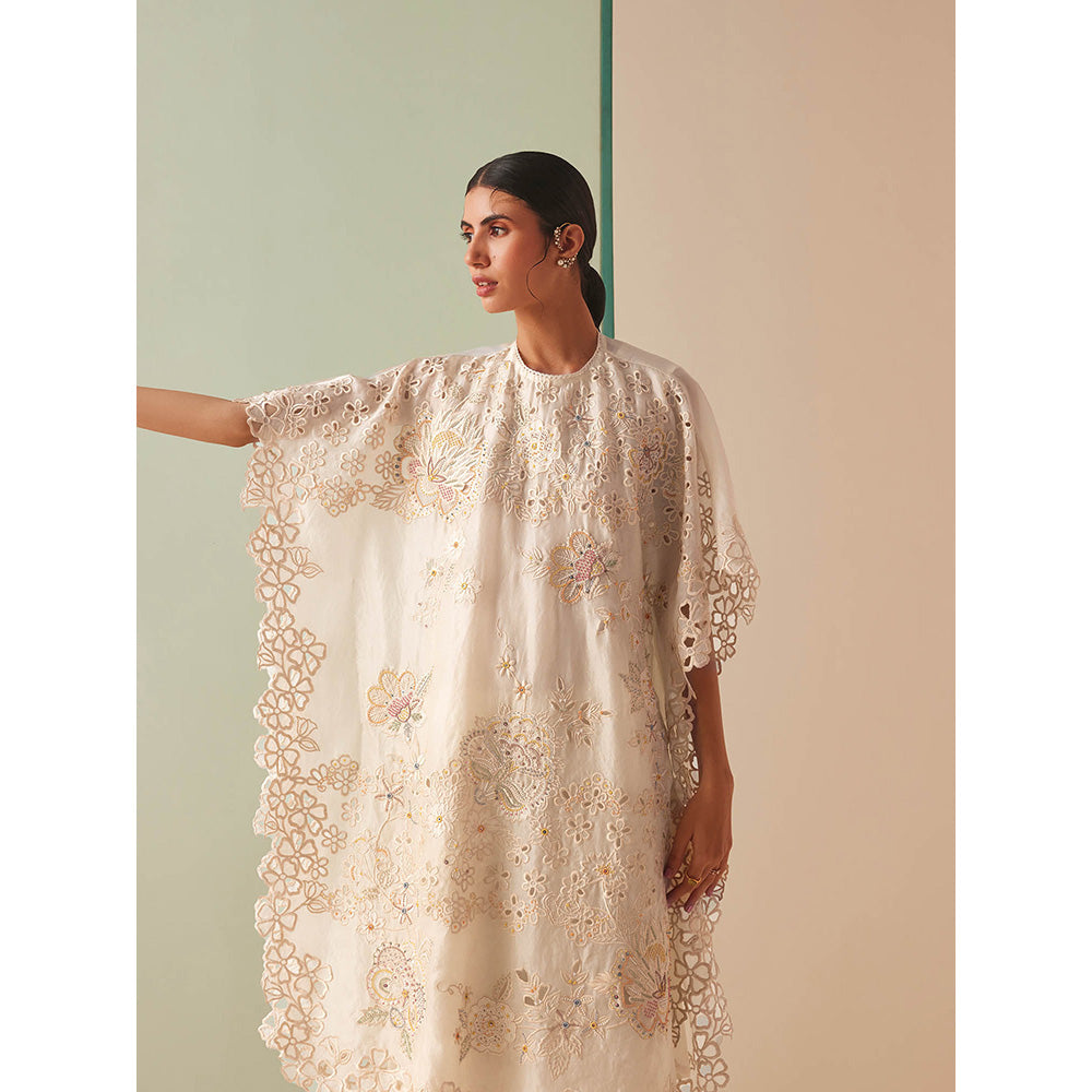 CHANDRIMA Ivory Organza Floral Flared Sleeves Round Neck Bead Work Kaftan