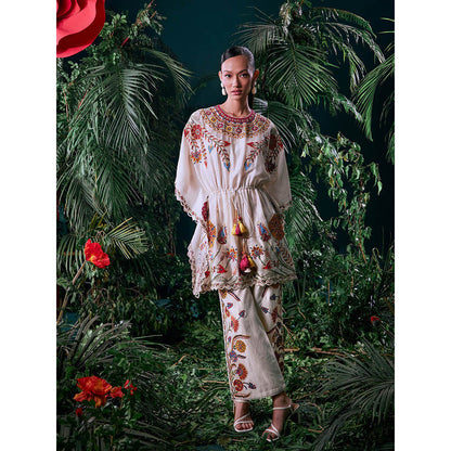 CHANDRIMA Ivory Chanderi Floral Flared Sleeves Round Neck Bead Work Kaftan
