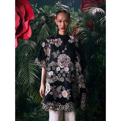 CHANDRIMA Black Organza Floral Flared Sleeves Crew Neck Bead Work Kaftan