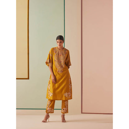 CHANDRIMA Mustard Chanderi Floral Flared Sleeves Sequined Kurta with Pant (Set of 2)