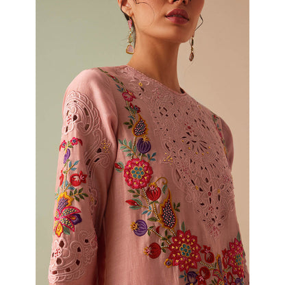 CHANDRIMA Pink Chanderi Floral Bead Work Kurta with Pant (Set of 2)