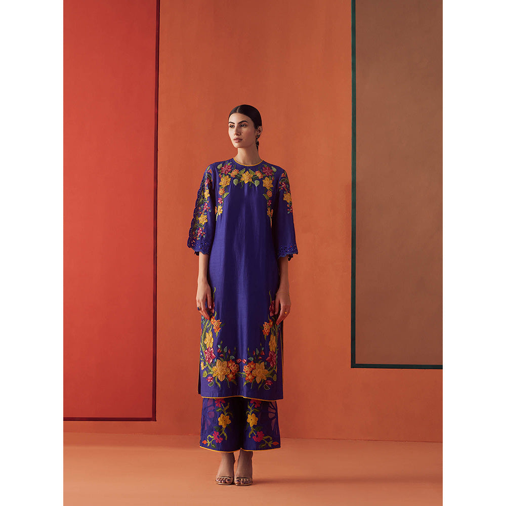 CHANDRIMA Navy Blue Chanderi Floral Flared Sleeves Bead Work Kurta with Pant (Set of 2)