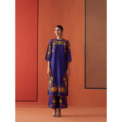 CHANDRIMA Navy Blue Chanderi Floral Flared Sleeves Bead Work Kurta with Pant (Set of 2)