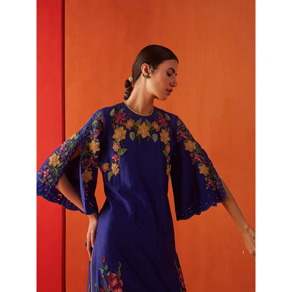 CHANDRIMA Navy Blue Chanderi Floral Flared Sleeves Bead Work Kurta with Pant (Set of 2)
