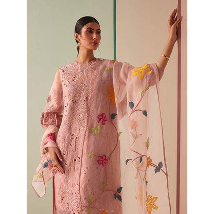 CHANDRIMA Pink Chanderi Floral Balloon Sleeve Round Neck Bead Work Kurta with Pant (Set of 2)