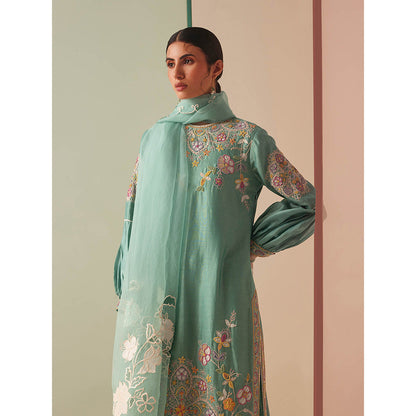 CHANDRIMA Green Chanderi Floral Balloon Sleeve Bead Work Kurta with Pant (Set of 2)