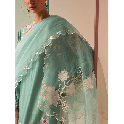 CHANDRIMA Green Chanderi Floral Balloon Sleeve Bead Work Kurta with Pant (Set of 2)