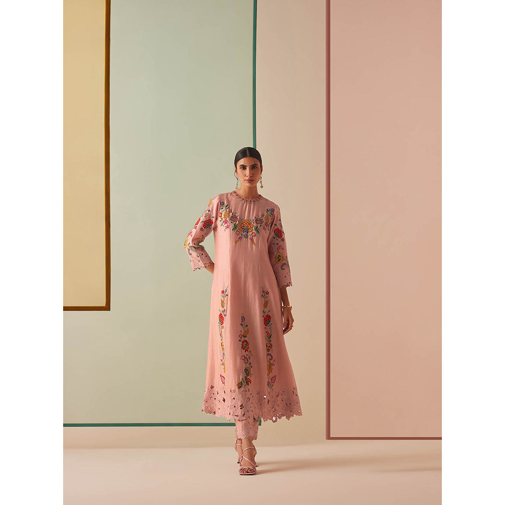 CHANDRIMA Pink Chanderi Floral Bead Work Kurta with Pant (Set of 2)