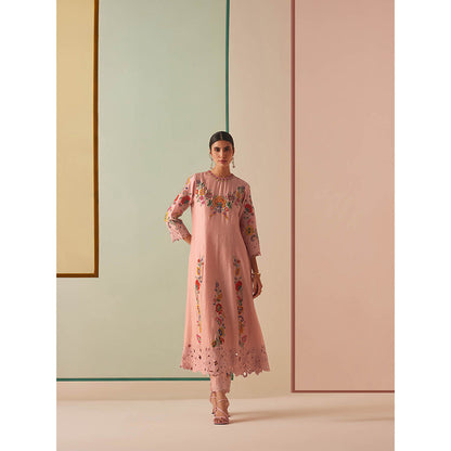 CHANDRIMA Pink Chanderi Floral Bead Work Kurta with Pant (Set of 2)