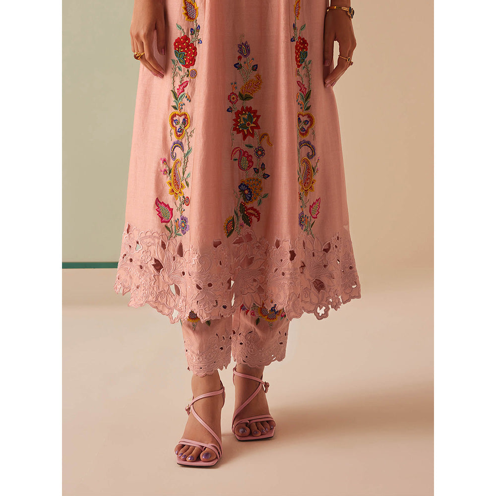 CHANDRIMA Pink Chanderi Floral Bead Work Kurta with Pant (Set of 2)