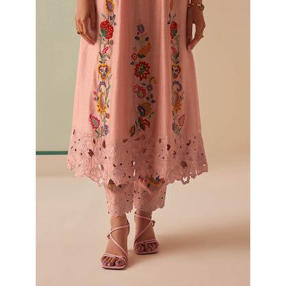 CHANDRIMA Pink Chanderi Floral Bead Work Kurta with Pant (Set of 2)