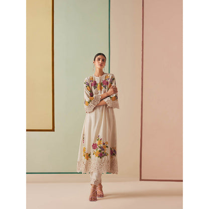 CHANDRIMA Ivory Chanderi Floral Bead Work Kurta with Pant (Set of 2)