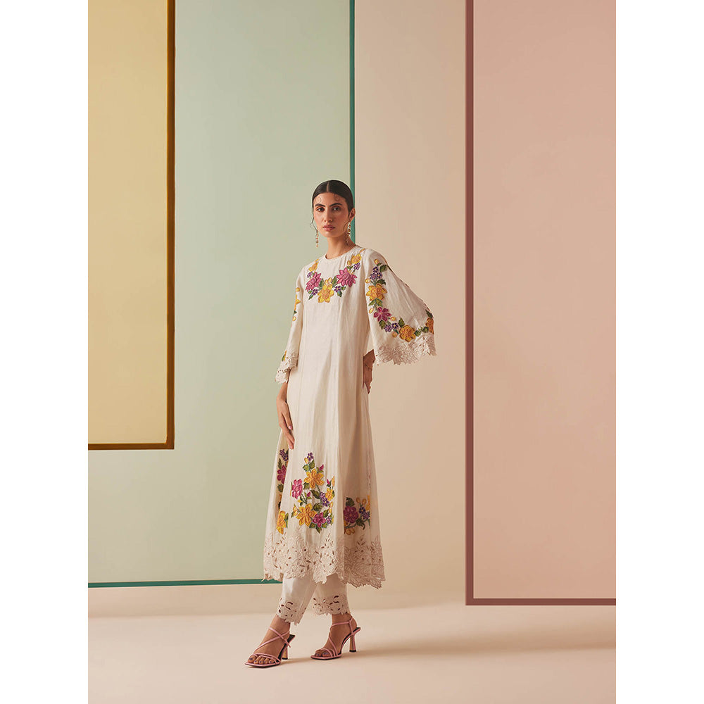 CHANDRIMA Ivory Chanderi Floral Bead Work Kurta with Pant (Set of 2)