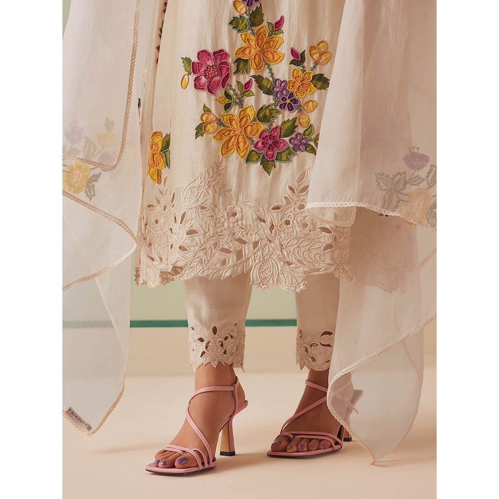 CHANDRIMA Ivory Chanderi Floral Bead Work Kurta with Pant (Set of 2)