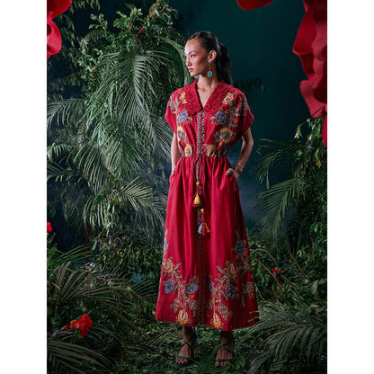 CHANDRIMA Red Chanderi Floral Flared Sleeves V-Neck Bead Work Maxi Dress