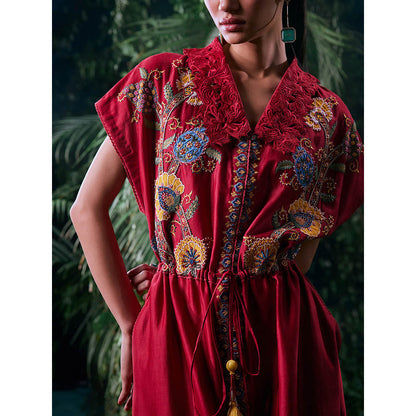 CHANDRIMA Red Chanderi Floral Flared Sleeves V-Neck Bead Work Maxi Dress
