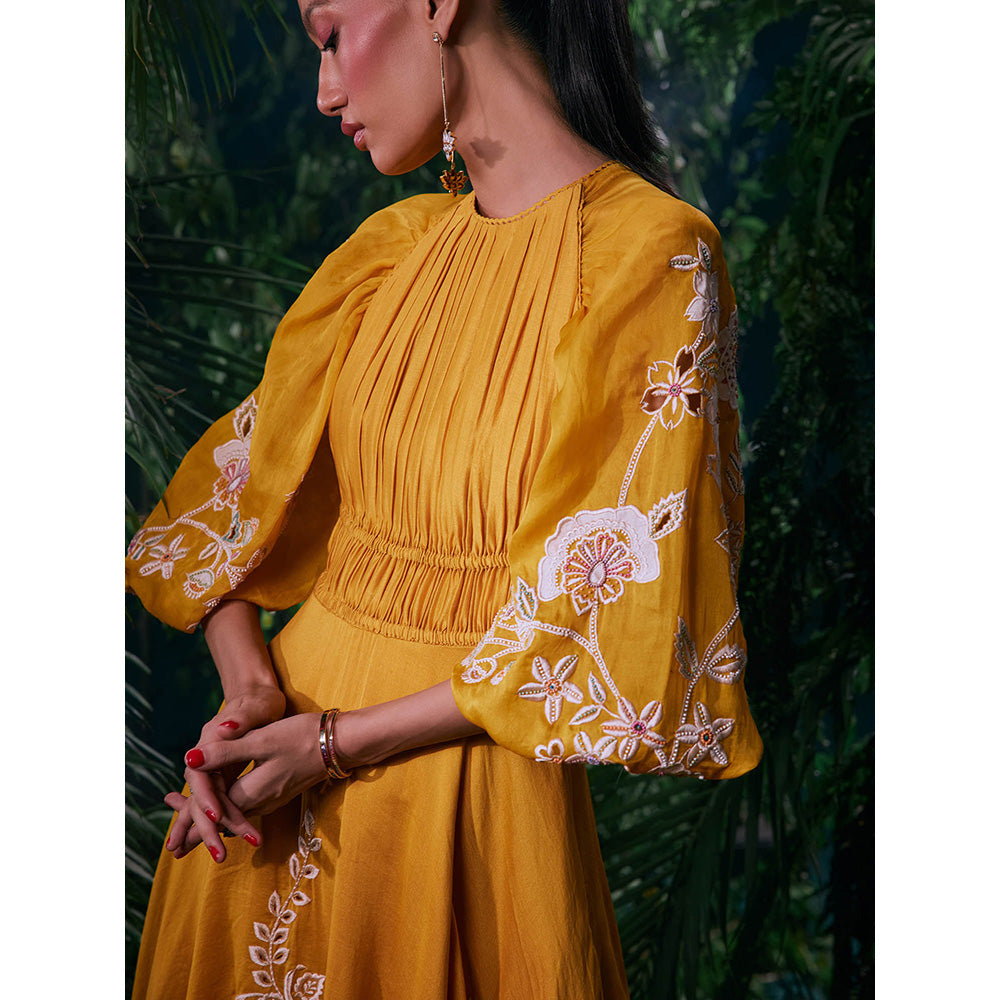 CHANDRIMA Mustard Chanderi Floral Balloon Sleeve Crew Neck Bead Work Maxi Dress