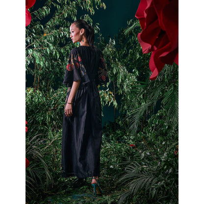 CHANDRIMA Black Chanderi Floral Flared Sleeves V-Neck Bead Work Maxi Dress