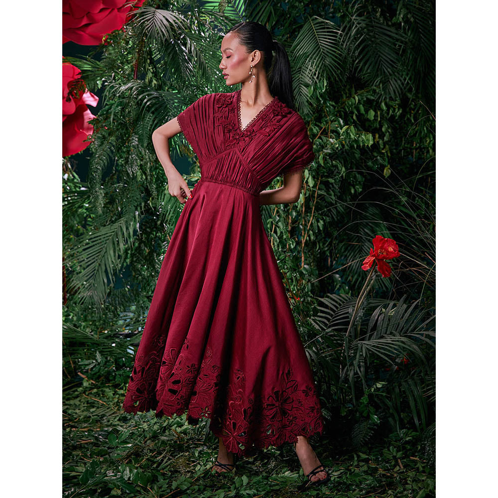 CHANDRIMA Wine Chanderi Floral Flared Sleeves V-Neck Embroidered Maxi Dress