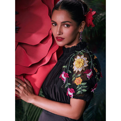 CHANDRIMA Black Chanderi Floral Half Sleeves Ruffled Neck Bead Work Maxi Dress