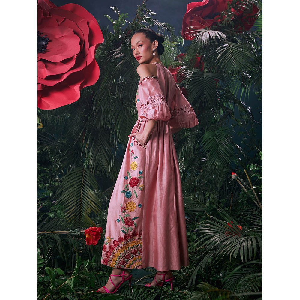 CHANDRIMA Pink Chanderi Floral Balloon Sleeve Mandarin Neck Bead Work Maxi Dress