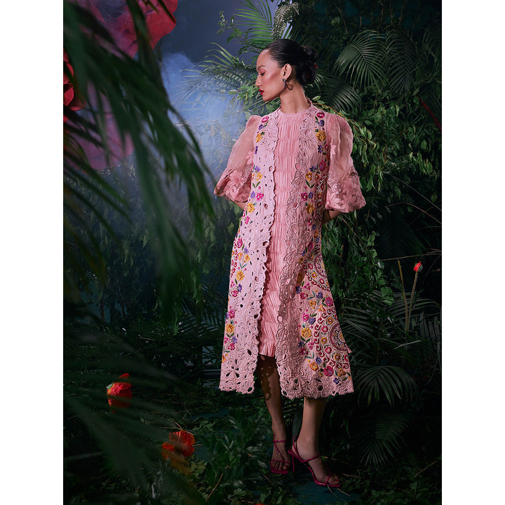 CHANDRIMA Pink Cotton Embroidered Balloon Sleeve Crew Neck Thread Work Midi Dress