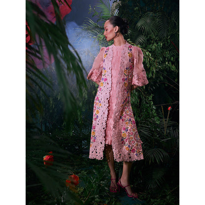 CHANDRIMA Pink Cotton Embroidered Balloon Sleeve Crew Neck Thread Work Midi Dress