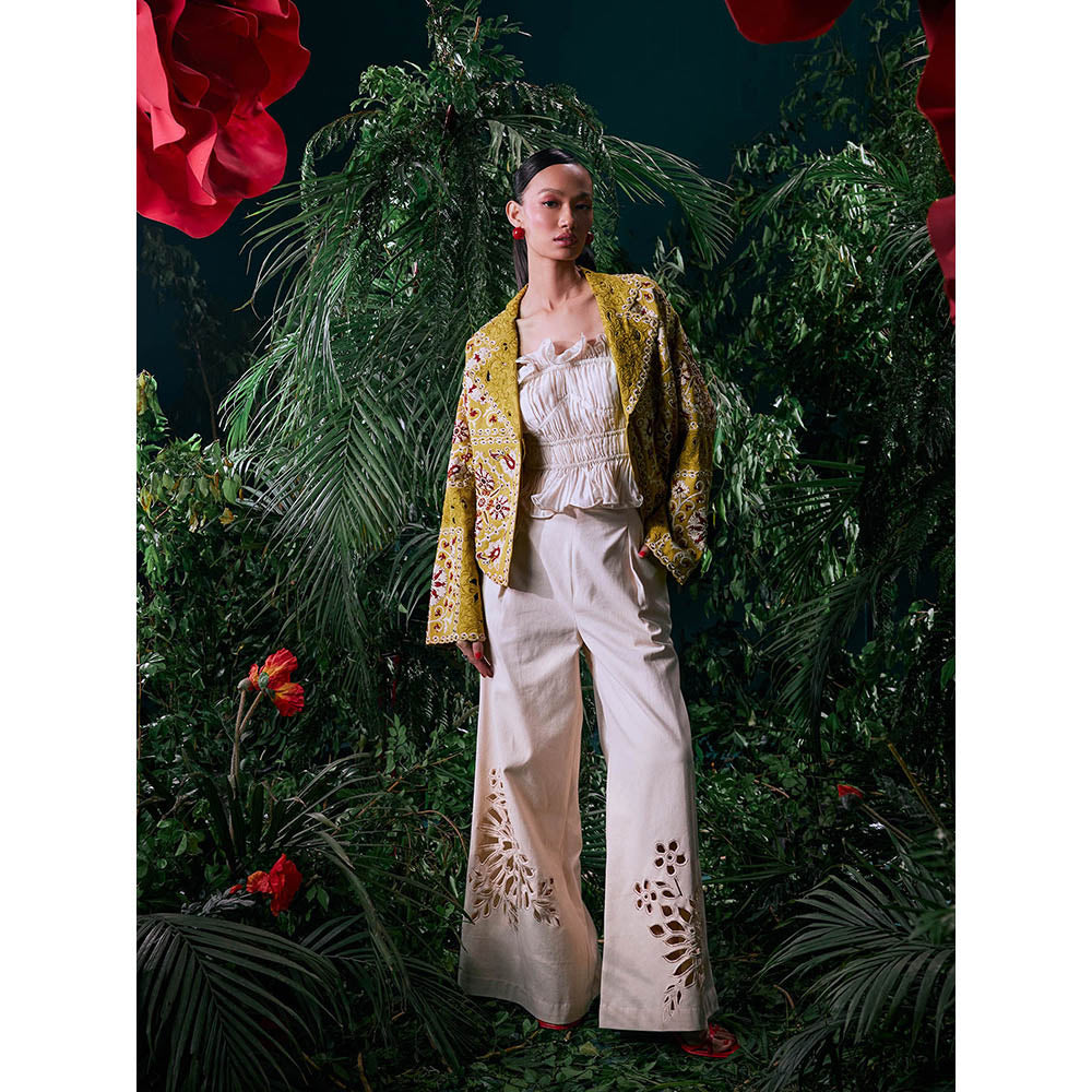 CHANDRIMA Ivory Cotton Embroidered Thread Work Pant
