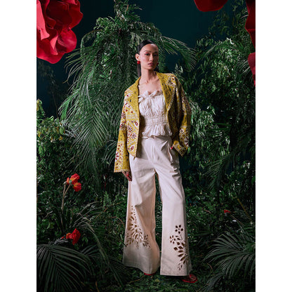 CHANDRIMA Ivory Cotton Embroidered Thread Work Pant