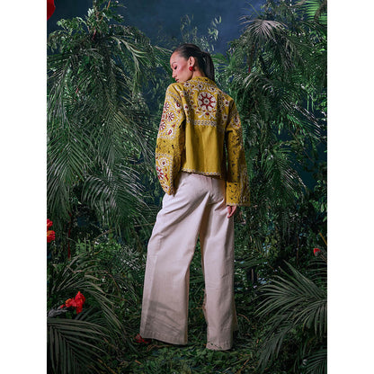 CHANDRIMA Ivory Cotton Embroidered Thread Work Pant