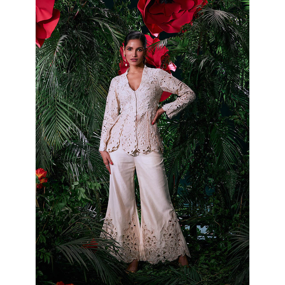 CHANDRIMA Ivory Chanderi Embroidered Thread Work Pant