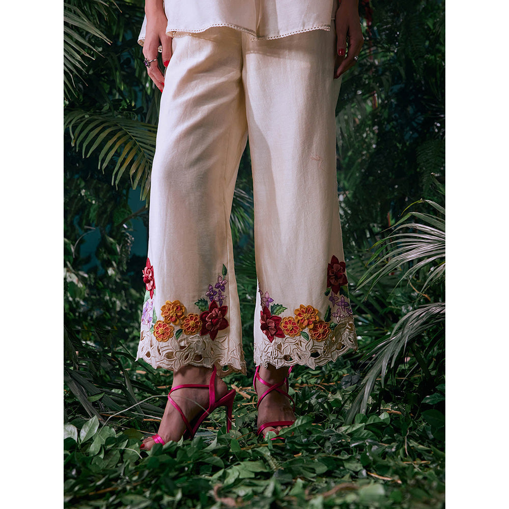 CHANDRIMA Ivory Chanderi Floral Bead Work Pant