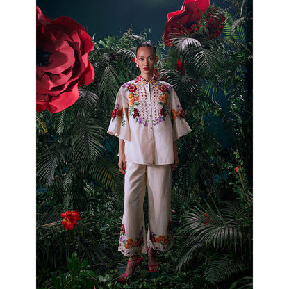 CHANDRIMA Ivory Chanderi Floral Bead Work Pant