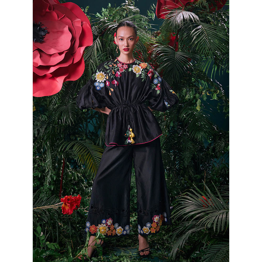 CHANDRIMA Black Chanderi Floral Bead Work Pant